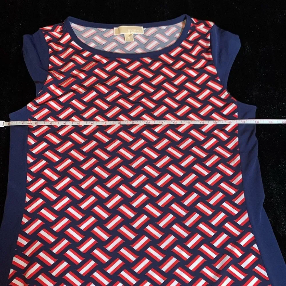 Michael Kors Womens Navy Red Geometric Colorblock Cap Sleeve Shift Dress Medium